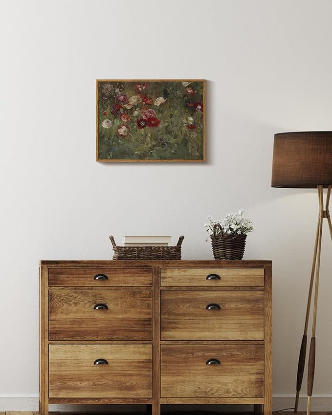 InSimSea Framed Canvas Wall Art Vintage Decor, FLoral Wall Art Decorations Classical Oil Painting Canvas Prints A Bed of Poppies Retro Home Decor Gifts, 12"x16"