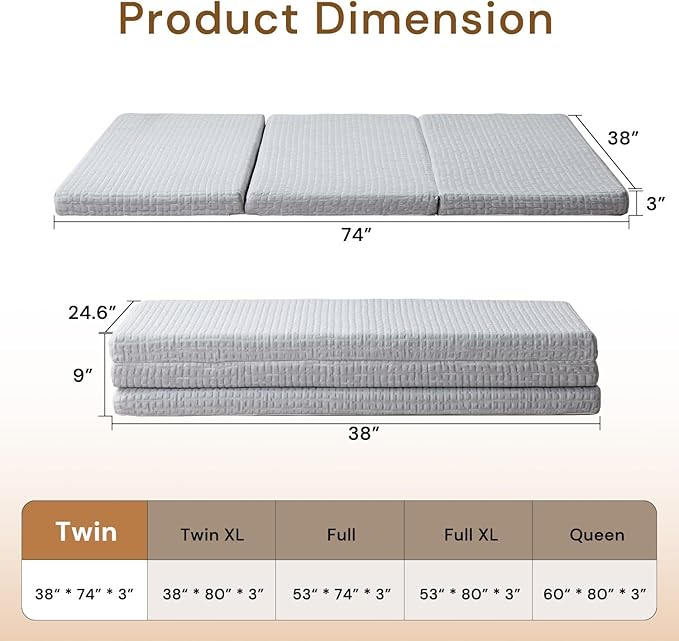 Foldable Mattress, 3 Inch Memory Foam Guest Floor Mat, Tri Folding Portable Mattress for Living Room/Camping, Washable Cover, Non-Slip Design, Twin Grey (Size: 38" L x 74" W x 3" Th)