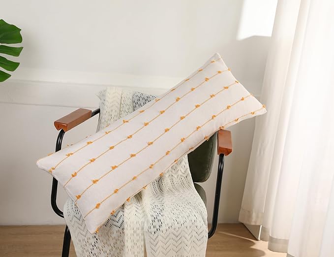 Long Lumbar Throw Pillow Cover 14x36,Stripe Pattern Cotton Yellow Boho Extra Long Decorative Pillow Cover Pillow Case Cushion Cover for Bed Sofa Couch Farmhouse,Skinny Modern Accent