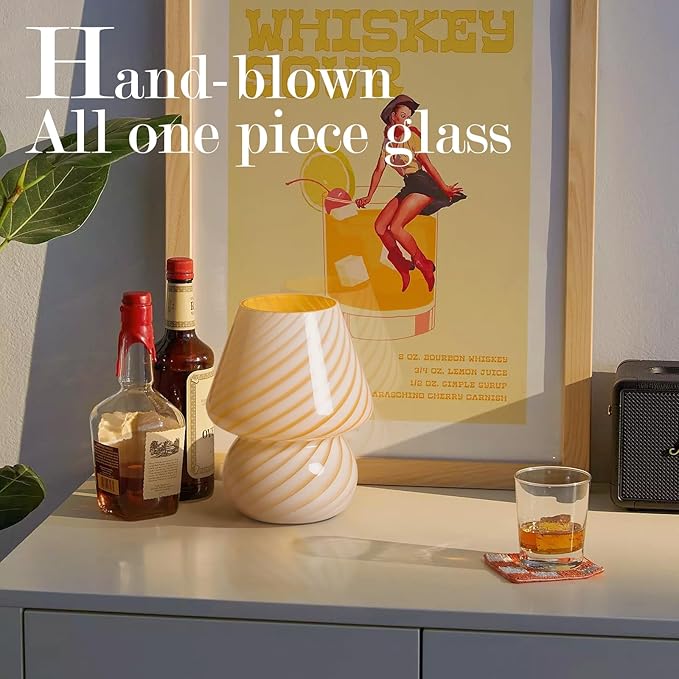 ONEWISH Mushroom Lamps Set of 2 - Small Bedside Table Lamp with Striped Glass, Nightstand Lamp for Bedroom, Bulb Included, for Christmas New Year, Creamy Yellow