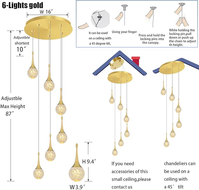 Flashing God 6-Lights Gold Chandeliers Crystal Bubble Teardrop Chandelier 70'' High Ceiling Foyer Entrance Chandeliers Creative Bar Ceiling Light Dimmable 2700K 4500K 6000K