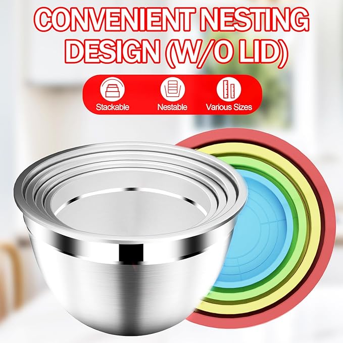 Mixing Bowls with Strainer, Mixing Bowl with Lids Set, Stainless Steel Mixing Bowls, Kitchen Gadgets 2025 Salad Bowls with Strainer for Mixing & Preping & Baking, Multicolor