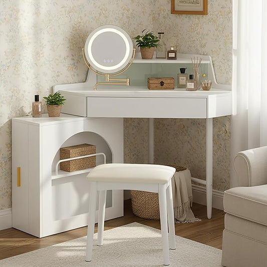 Merax Corner Vanity Desk with Mirror and Lights and Stool, White Makeup Vanity with Folding Mirror & Adjustable Light, Girl Glass Top Dressing Table with Side Storage Cabinet & Drawers for Bedroom