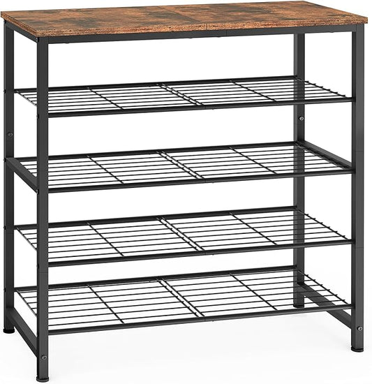 usikey 5-Tier Shoe Rack, Industrial Shoe Storage Organizer for 12-16 Pairs of Shoes, Metal Shoe Shelf with Wooden Top, Shoe Stand with 3 Metal Shelves for Entryway, Hallway, Closet, Rustic Brown