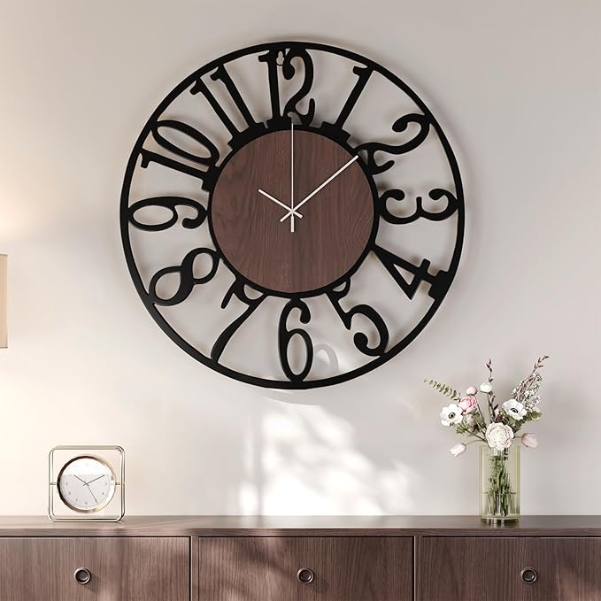 24 inch Large Wall Clock for Living Room Decor, Decorative Wood Metal Wall Clock Battery Operated Silent Non Ticking, Modern Black Round Big Clocks for Bedroom, Kitchen, Office Decor-Arabic Numerals