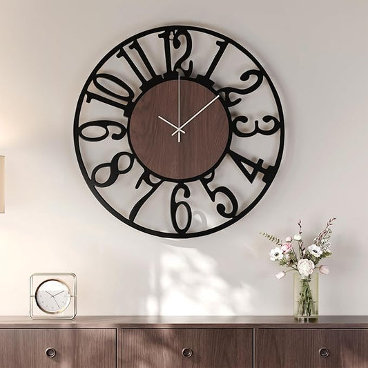 24 inch Large Wall Clock for Living Room Decor, Decorative Wood Metal Wall Clock Battery Operated Silent Non Ticking, Modern Black Round Big Clocks for Bedroom, Kitchen, Office Decor-Arabic Numerals