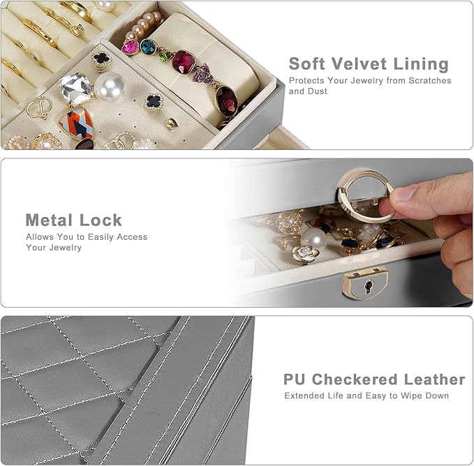 3-Layer Jewelry Box for Women, Earing Holder Jewelry Organizers and Storage with Removable Jewelry Tray, Vintage Quilted Top Lockable Jewelry Holder Gift Idea Gray