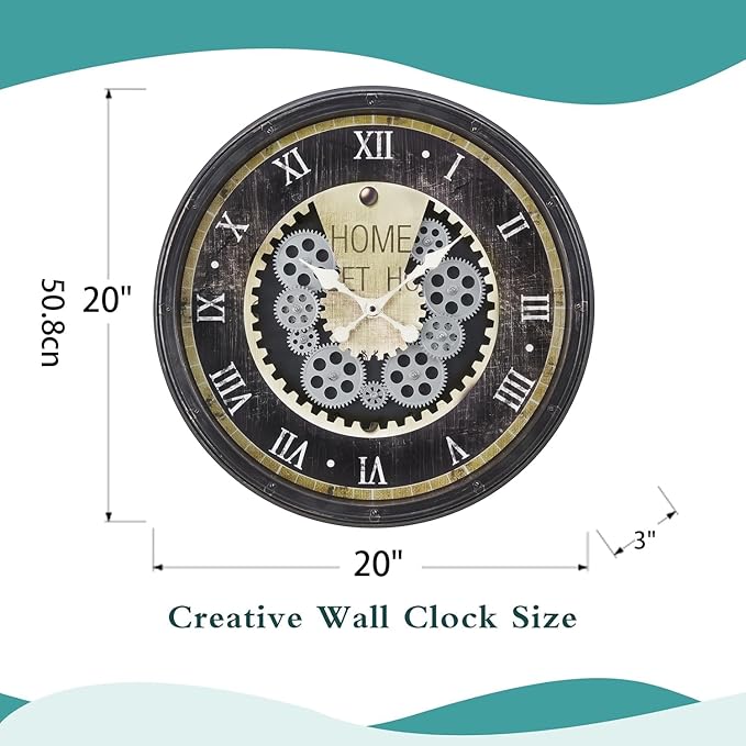 20 Inch Steampunk Wall Clock with Decorative Gears, Industrial Vintage Analog Clock for Living Room, Farmhouse, Office Decor, Silent Non-Ticking Battery Operated,Brown
