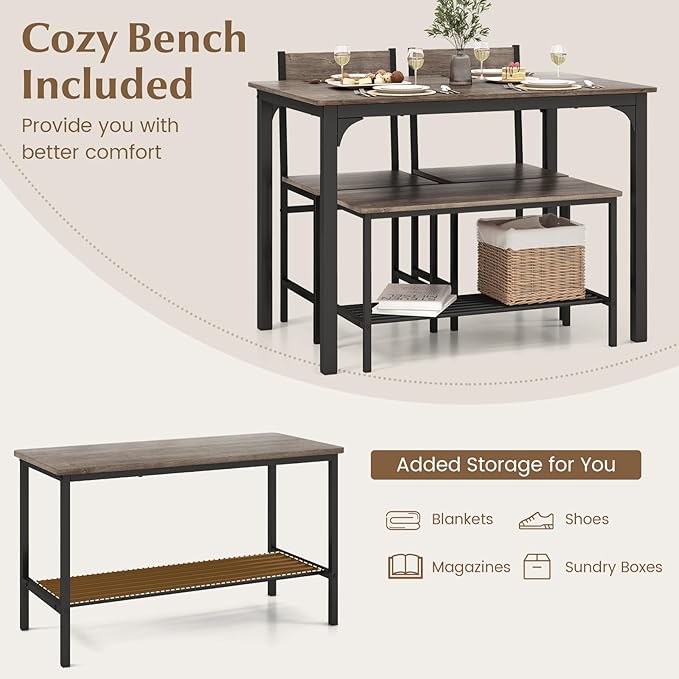 Tangkula Dining Table Set for 4, Kitchen Table and 2 Chairs for 4 with Bench, 4 Piece Dining Table Set for Small Space, Apartment