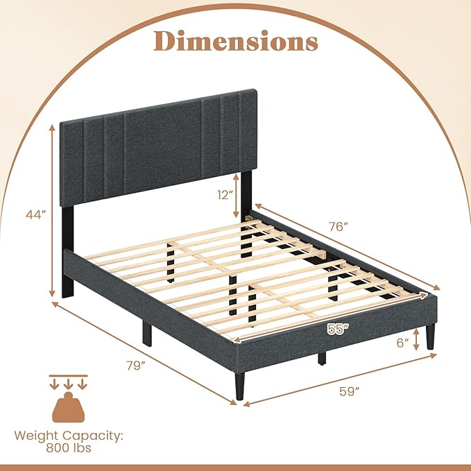 Giantex Full Size Platform Bed Frame, Modern Upholstered Bed Frame with Vertical Channel Tufted Headboard, Wooden Slats Support, No Box Spring Needed, Gray