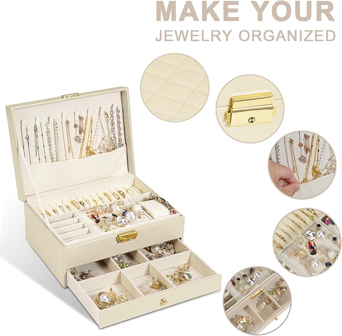 Jewelry Box for Women Girl Wife - Large PU Leather Jewelry Organizer Storage Case with Two Layers Display for Earrings Bracelets Rings Watches (Apricot)