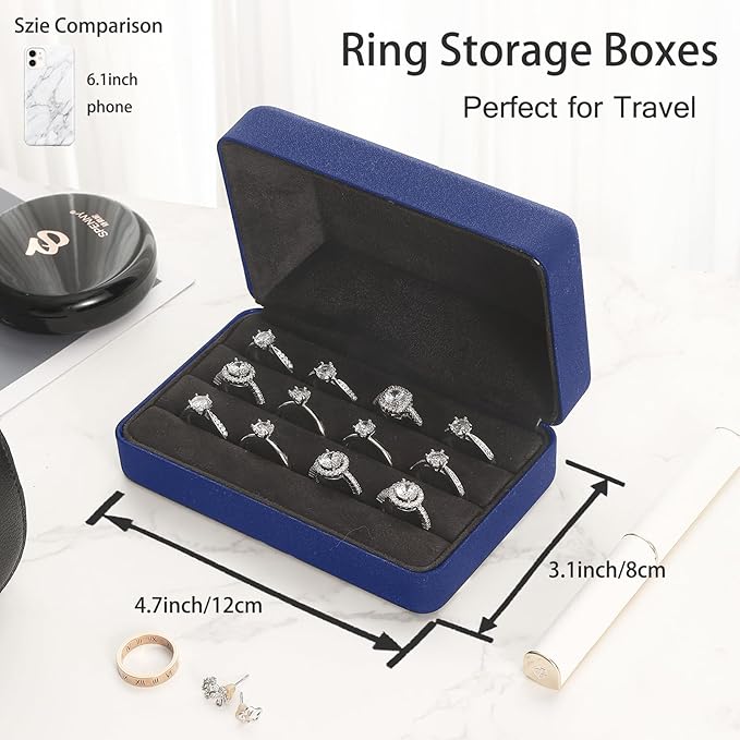 Ring Storage Boxes for Multiple Rings, Compact and Stylish Travel Jewelry case, Portable Small jewelry Organizer Box Tray Gift for Women, Girl(Blue)