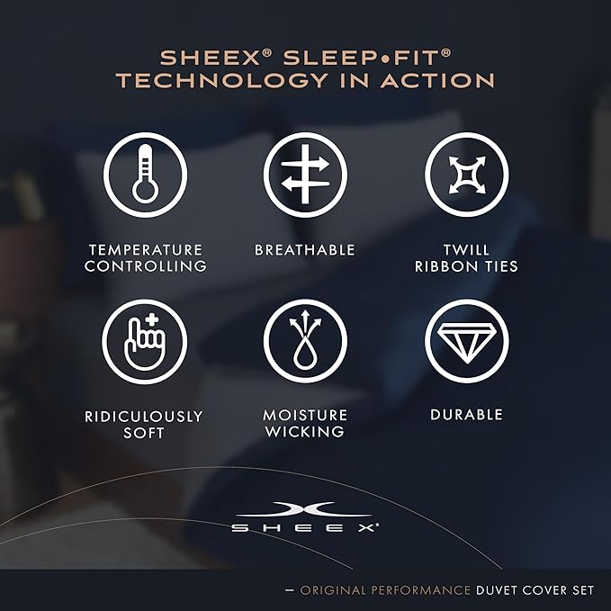 SHEEX Original Performance Cooling Duvet Cover Set, Lightweight Full/Queen Duvet Cover with 2 Standard Pillow Shams, Navy/Graphite