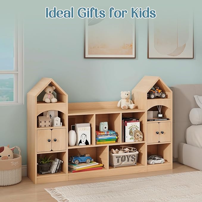 Vabches Kids Bookcase and Toy Storage Organizer, Children Bookshelf, Castle Shape, Playroom Furniture Multipurpose Shelf for Toddlers to Organize Toys and Books Magic Castle, Oak