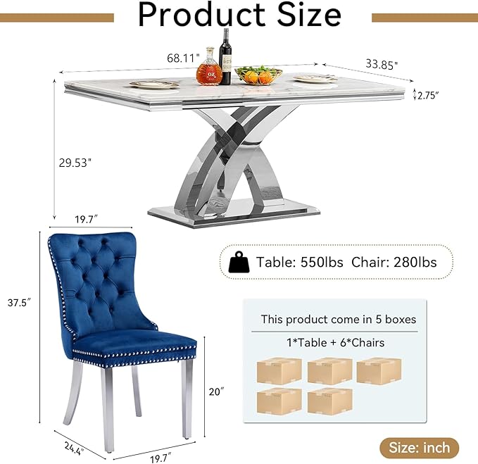 Goujxcy 7-Piece Dining Table Set Modern Faux Marble Dining Table Set for 6, Luxury 68" Long Faux Marble Kitchen Table with 6 Velvet Upholstered Chairs & Mirrored Stainless Steel Base