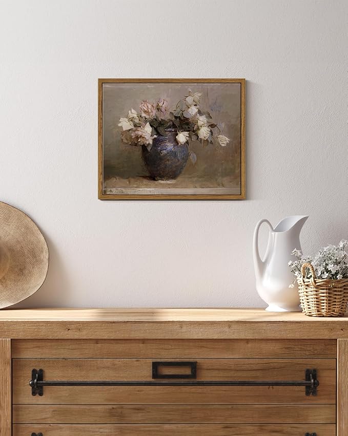 InSimSea Framed Canvas Wall Art Vintage Decor, Home Decor Flower in Pots Canvas Wall Painting Decor, Rustic Farmhouse Wall Decoration, Canvas Prints for Living Room Bedroom Office, 9"x11"