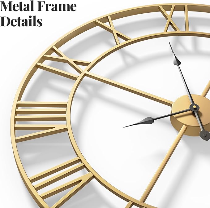 Gold Wall Clock, 24 Inch Large Wall Clock for Living Room Kitchen Mantel, Completely Silent Non Ticking Battery-Operated Metal Round Luxury Decorative Modern Clock - Roman Number
