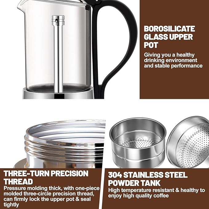 6 Cup Glass Transparent Moka Pot Stainless Steel Uncoated Stovetop Espresso Maker Italian Coffee Makers Mocha Greca Machine Cafe Classic Induction Cookers for Home Camping 350ml