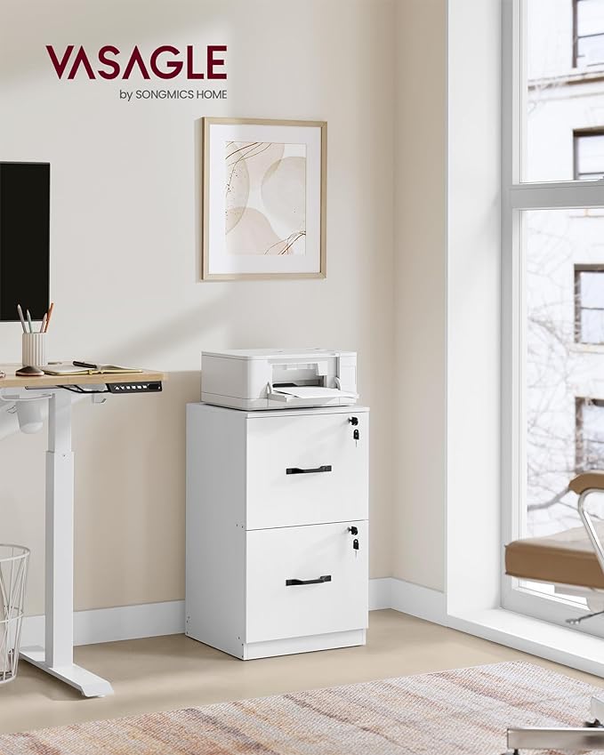 VASAGLE 2 Drawers File Cabinet with Lock, Printer Stand, Office Filing Cabinet Organizer, for A4 and Letter Size Documents, Cloud White UOFC061W14