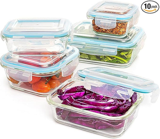 Moss & Stone 10-Piece Kitchen Glass Food Storage Containers Set with Lids, Clear Leak-Proof, BPA-Free Airtight Meal Prep Glass Containers – Oven, Freezer, Microwave & Dishwasher Safe