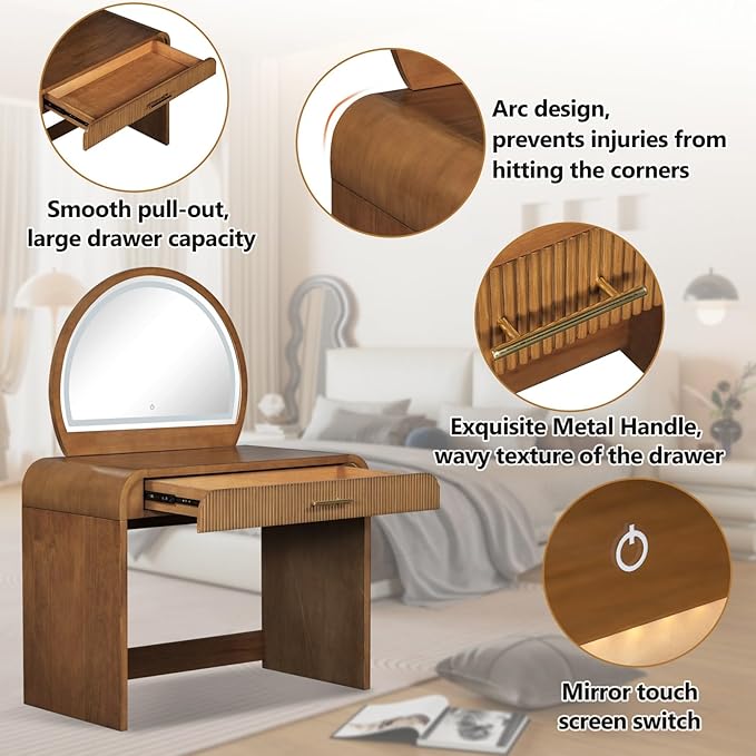 Merax 39" Make Up Vanity Desk with Touch Screen Lighted Mirror and Storage Drawer, Rubber Wood Girls Makeup Dresser Table for Bedroom, Dressing Room