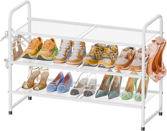 SUFAUY 3-Tier Mesh Shoe Rack, Closet Metal 33" Wide Shoe Rack Organizer Heavy Duty, White