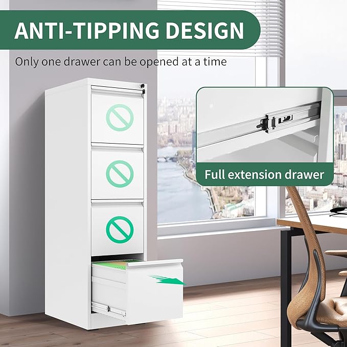 File Cabinet, Vertical File Cabinets with Lock for Home Office,Heavy Duty Office Steel Filing Cabinet for Hanging Letters/Legal/A4, Assembly Required (White, 4 Drawers)