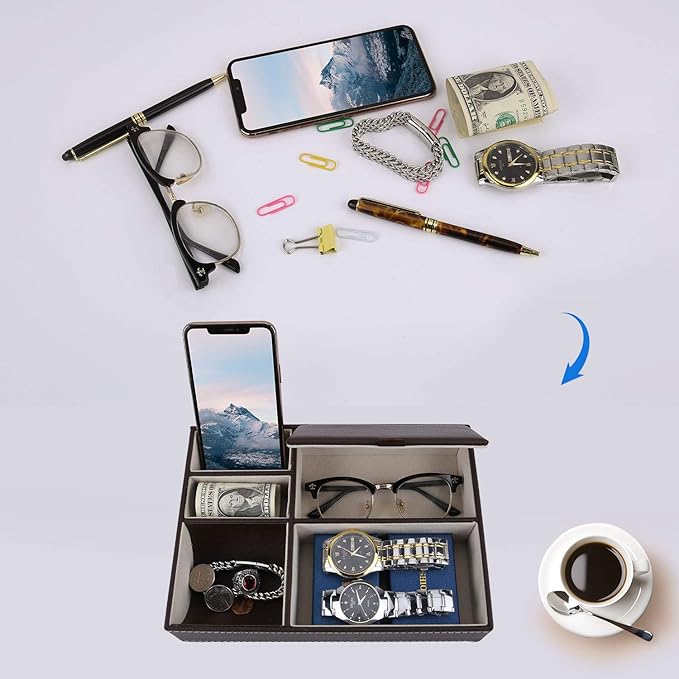 Baoyun Leather Valet Tray for Men, Mens Jewelry Organizer Box, Mens Nightstand Organizer, Leather Bedside Tray for Entryway, Dresser Organizer Countertop for Bedroom Men Room Decor