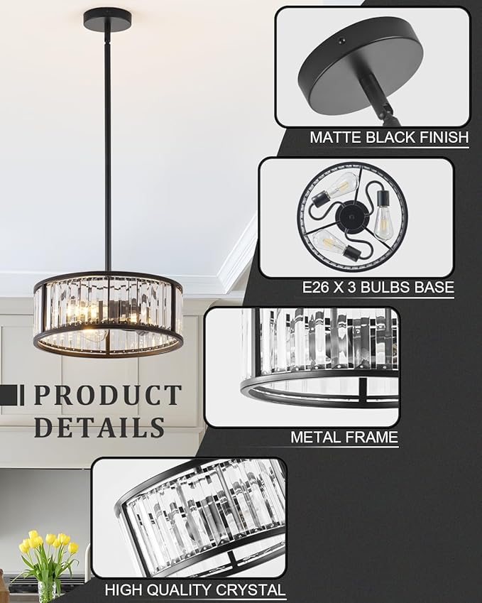 Black Flush Mount Ceiling Light, 2- Light Caged Crystal Chandelier, Small Drum Hallway Light fixtures Ceiling Mount (14 INCH Black Pendant Light(3-Light))