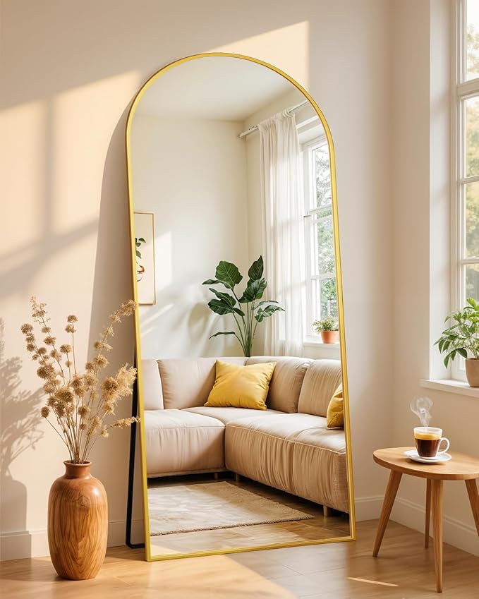 Full Length Mirror with Stand, 64"x21" Arched Full Body Mirror, Large Stand Up Aluminum Frame Floor Freestanding Hanging Leaning Mounted for Bedroom Living Room Entryway Gold