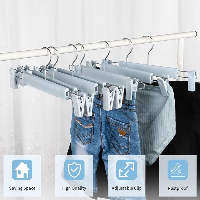 Skirt Hangers，Pants Hangers with Clips，360 ° Swivel Hooks Space Saving Hangers for Pants, Skirts, Clothes, Jeans (20Pack, Light Blue)