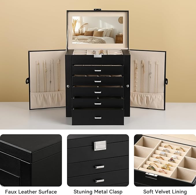 Frebeauty Large Jewelry Box,6-Tier PU Leather Jewelry Organizer,Multi-functional Storage Case with Mirror,Accessories Holder with 5 Drawers for Necklace Bracelets Watches(Black)