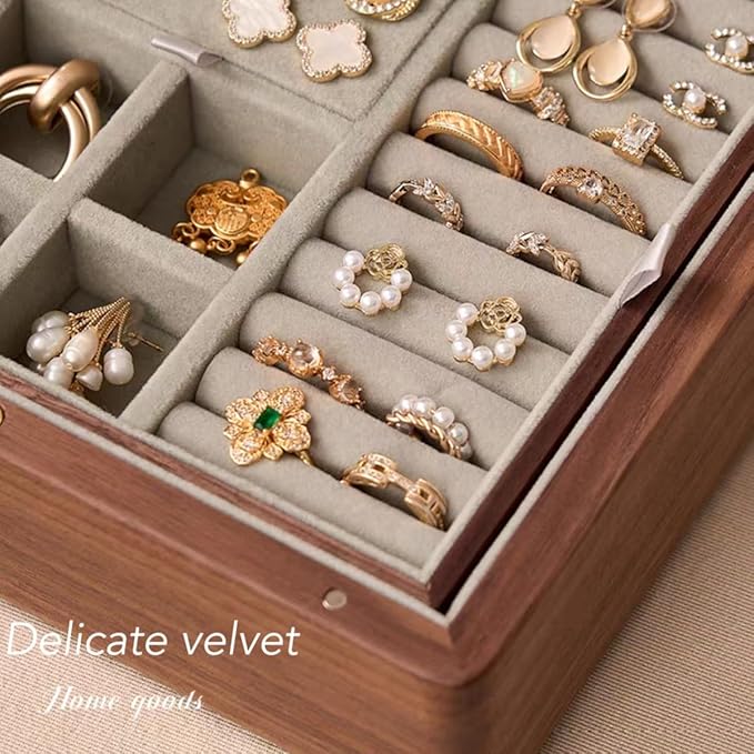 Bescott 2 Layer Solid Black Walnut Wooden Jewelry Box with Lock and Key for Women Wood Vintage Organizer for Men Earrings Rings Necklaces Bracelet Watch Storage Mother's Day Gift