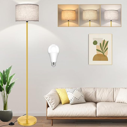 65‘’ Gold Floor Lamp with 3-Color Temperatures LED Bulb, Modern Industrial Tall light for Living Room, Minimalist Standing Lamp with Foot Switch, Gold Stand Lamp for Bedroom Office Nursery, E26 Base