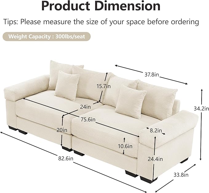 KEIKI 83" Oversized Corduroy Modular Sectional Loveseat Sofa with High-Density Foam Cushions, Extra-Thick Armrest, Upholstered Modern 2-Seater Fluffy Corner Couch with 6 Pillow, for Living Room, Beige