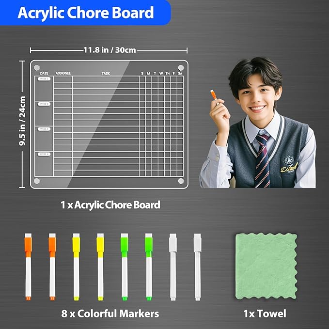 PigPotParty Acrylic Magnetic Monthly Chore Chart for Multiple Kids Roommates – 12"x9.5" Rotating Weekly Task Board for Kids Students Families, Clear Dry Erase Fridge Chart, w/ 8 Markers & 1 Towel