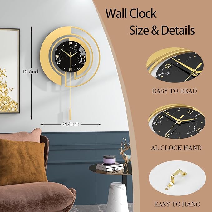 FLEBLE Wall Clock,Decorative Wall Clocks Pendulum,Silent Quality Quartz Wall Clock Battery Operated,Large Clock for Living Room,Kitchen,Home,Bathroom,Bedroom Wall Decor,15x24 inches