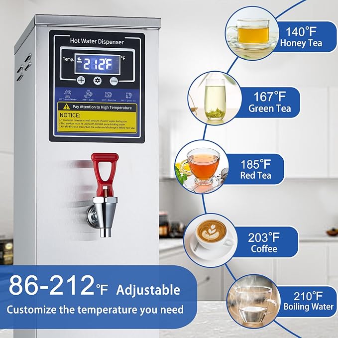 Hot Water Dispenser Commercial Water Boiler Electric Warmer Hot Water Machine Stainless Steel 30L(8GAL)/Hour Step-heating Temperature Control 86-212°F for Boba Tea Coffee Office Restaurant 1600W