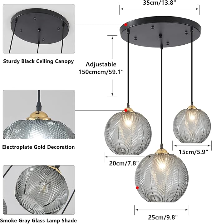 KCO Lighting 3-Lights Smoke Gray Glass Pendant Light Black Globe Round Cluster Chandelier Mid-Century Modern Multi Light Pendant Lighting Nordic Kitchen Island Light Fixture