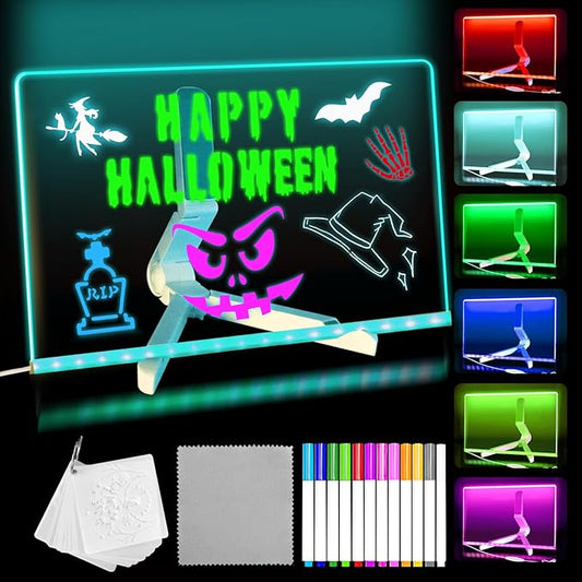 LED Acrylic Message Board, Light Up Acrylic Dry Erase Board with 7-Color Light, LED Note Board with Colors for Kids, Glow Memo Message Writing Board with Light, Drawing Stencils Set Included