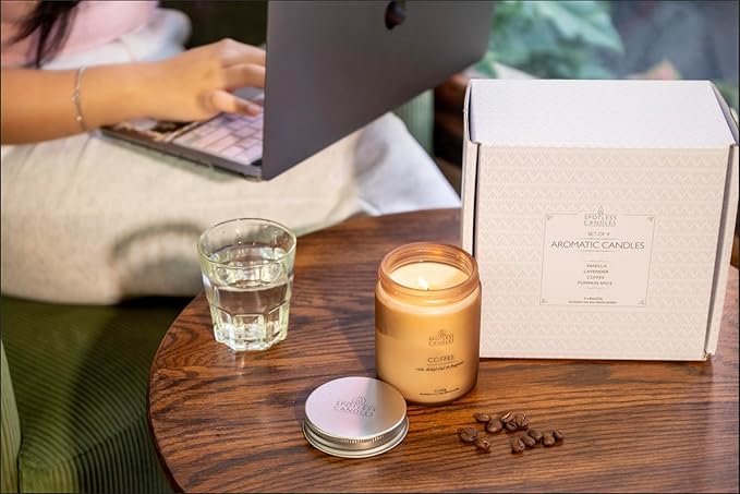 Candles for Women - 4 x 8oz Coloured Glass Jars 3" x4 Mixed Set of Classic Scents Pumpkin Spice, Coffee, Vanilla, Lavender 200 Hours Long Burn Time