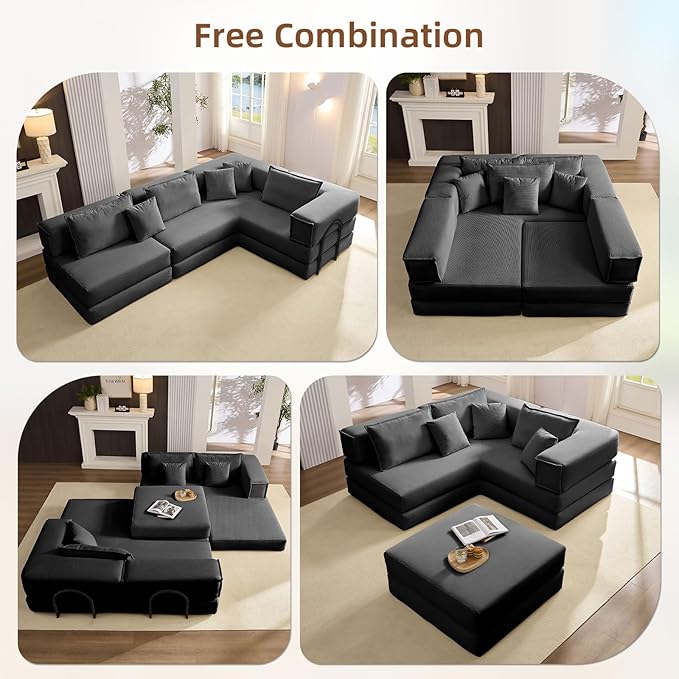 Rovibek 118" 5-in-1 Memory Foam Boneless Sectional Couch, Modular Convertible Sleeper Sofa Bed, Full Size No Assembly Required DIY Combination, Oversized Lazy Sofa with Fixed Frame Black