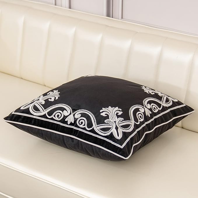 Aeckself European Floral Pillow Cover 16x16 Inch, Luxury Velvet Embroidered Decorative Throw Pillow Cover for Couch Bedroom Living Room, Black and White