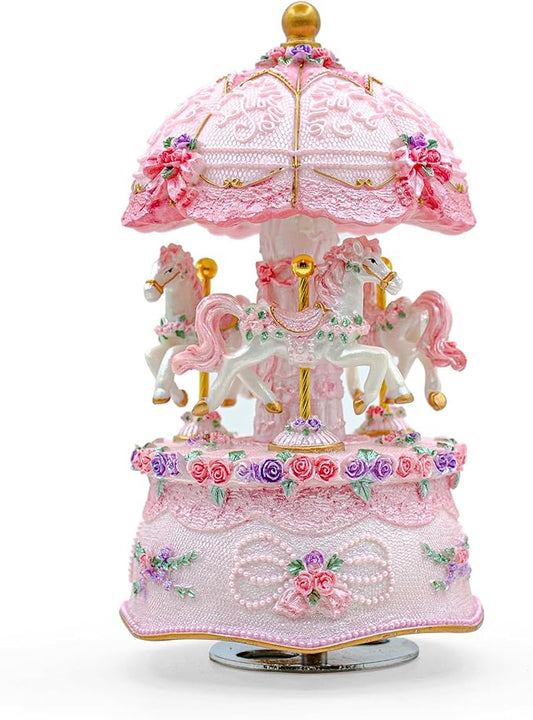 Carousel Music Box，Luxury Color Change LED Light Music Box,Luminous Rotating 3-Horse Musical Box with Gift Box for Girls Birthday Valentine Gift (You are My Sunshine, Pink)