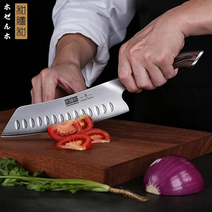 7 Inch Japanese Chef Knife, Ultra Sharp High Carbon Stainless Steel Kitchen Knife, Professional Santoku Knives with Ergonomic Pakkawood Handle
