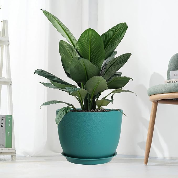 12/10/9 Large Modern Plant Pots, Plastic Planters with Drainage Holes and Saucers for Indoor Outdoor Plants Flowers, Malachite Green
