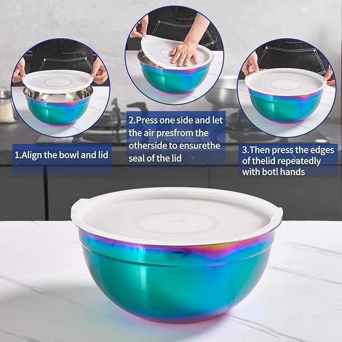 Colorul Mixing Bowls with Airtight Lids, Stainless Steel Nesting Mixing Bowls Set of 5, Ideal for Baking, Prepping and Serving Food, Size 5.5, 3.6, 2.7, 2.1, 1.5, QT, Stackable Design