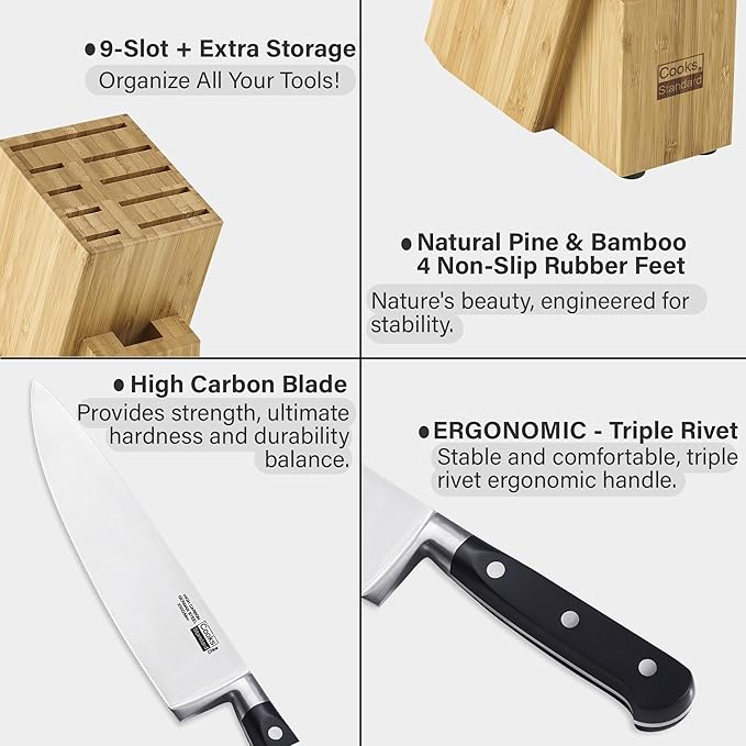 Cooks Standard 6-Piece Stainless Steel Knife Set with Expandable Bamboo Block for Extra Slots