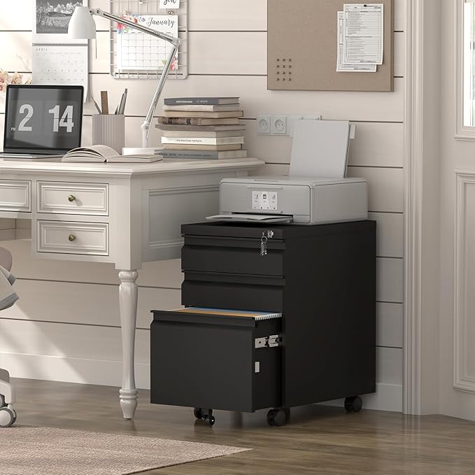 3 Drawer File Cabinet,Metal File Cabinet 2 Drawer with Lock,Small Filing Cabinets for Home Office,Letter/Legal/A4 Size,Black