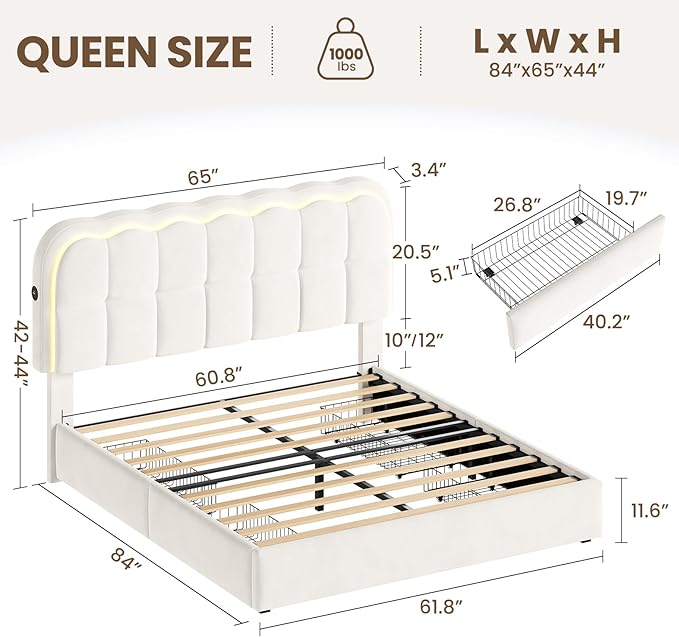 Queen Size Bed Frame with 4 Storage Drawers and LED, Adjustable Clouds Headborad,Velvet Upholstered Platform Queen Bed Frame with Charing Station,Wood Slats Support, No Box Spring Needed,White